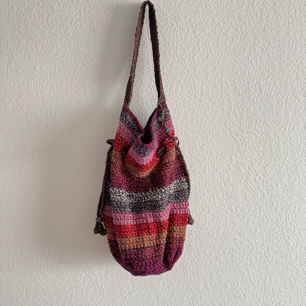 The Sak Multicolored Boho Crochet Drawstring Shoulder Bag Red Festival Style